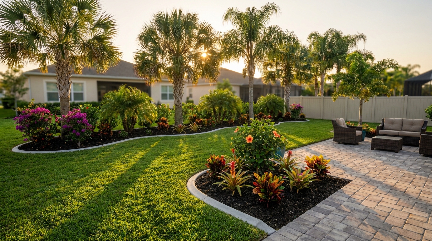 Manicured Florida residential yard with fresh sod, palm trees, and mulched garden beds at golden hour